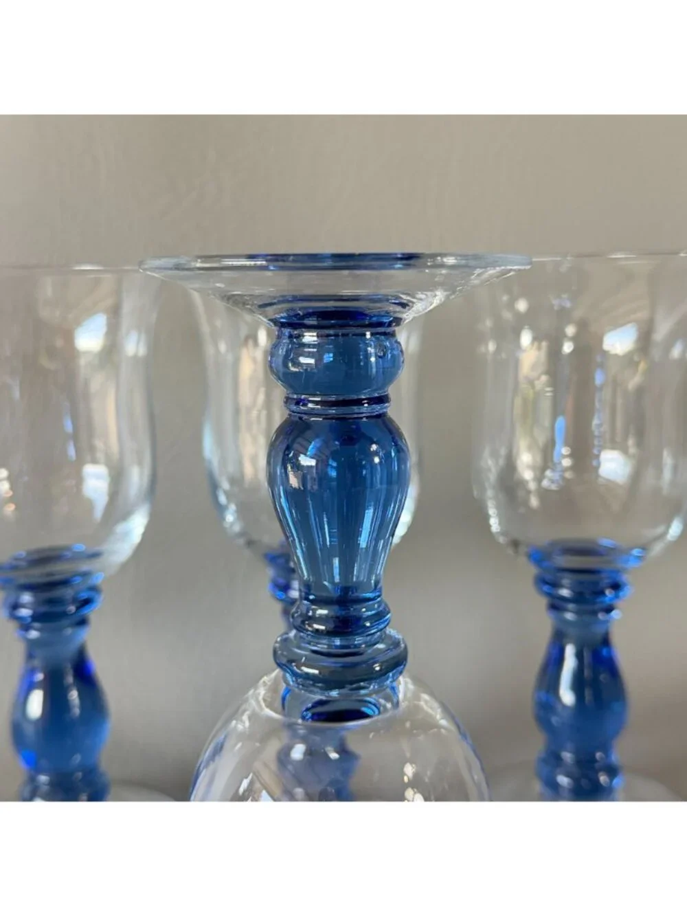 Vintage Royal Blue Stem Wine Glasses Water Goblets Tulip Clear Bowl Set of 4